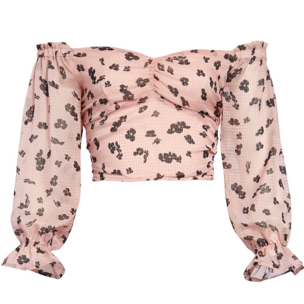 LePink Floral Off-Shoulder Long Sleeve Crop Top